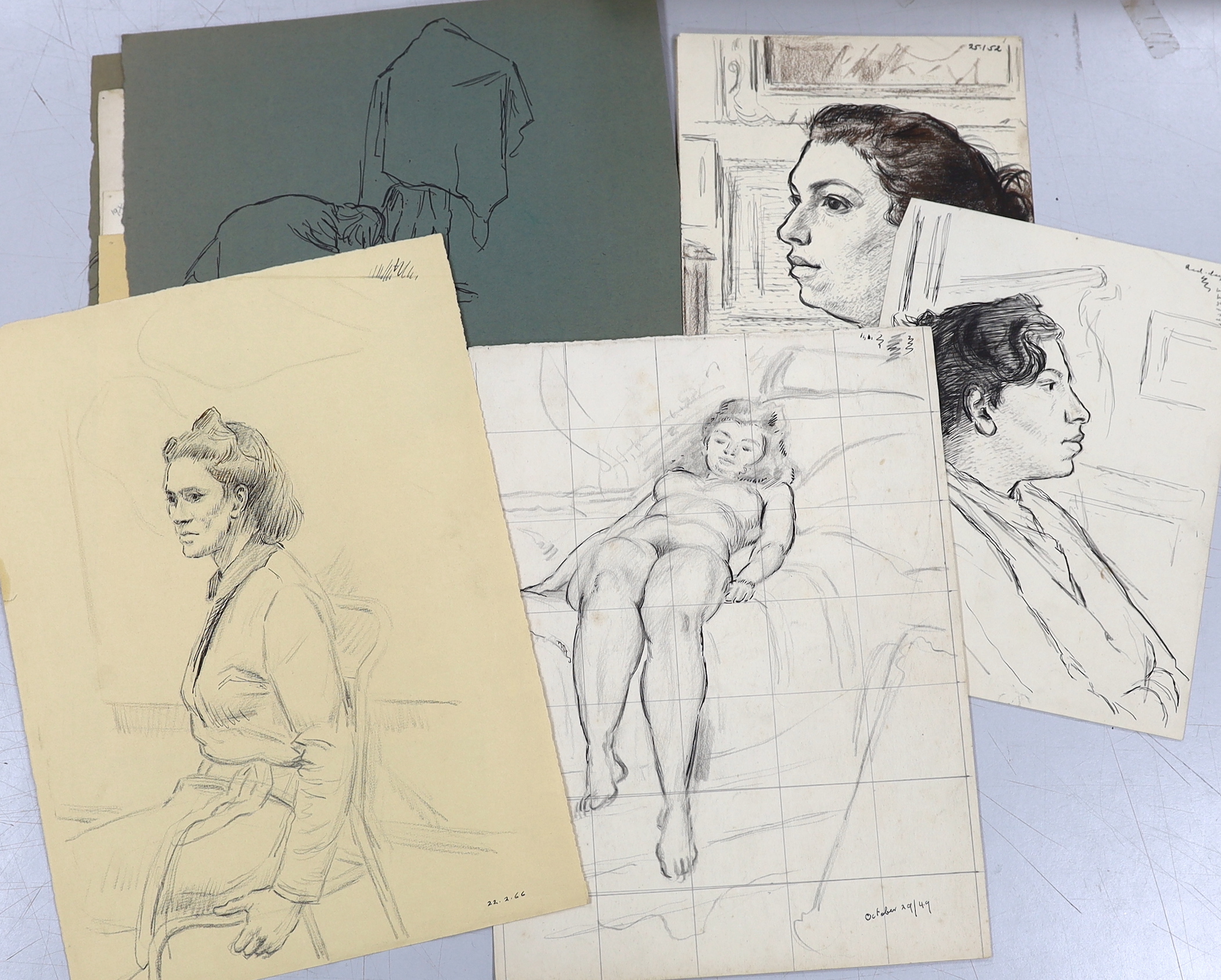 Clifford Hall (1904-1973), a collection of fourteen pencil and ink sketches on paper, figural studies and landscapes, some inscribed and dated, unframed, largest 42 x 31cm